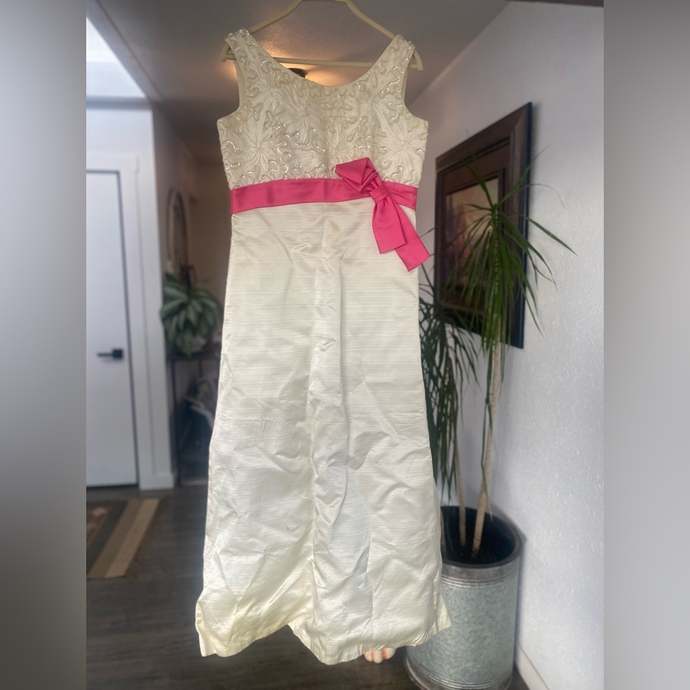 Vintage Elegant White Sleeveless Dress Pink Bow Sequins Women’s‎